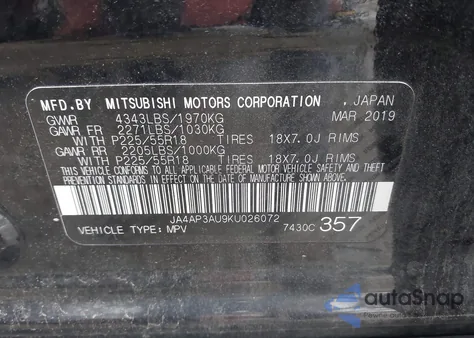 2019 Mitsubishi Outlander Sport 2.0 Le из США, поврежденный, VIN JA4AP3AU9KU026072